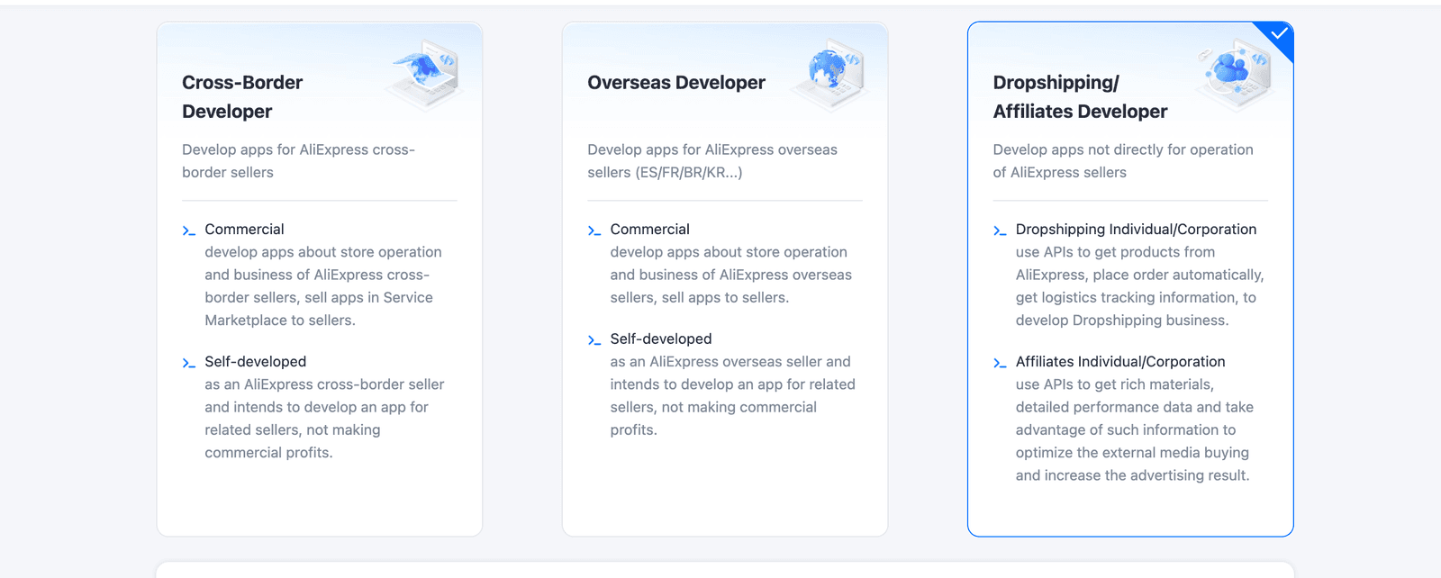 Sélection du type de développeur Dropshipping Affiliates Developer sur AliExpress Open Platform